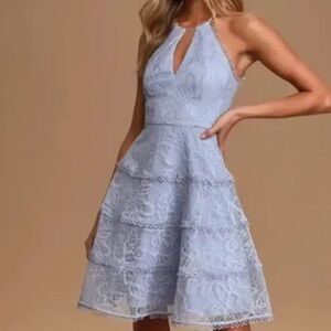 Ever New Elandra NWOT Lace Purple Blue Lined Halter Tiered Flare Dress sz 2